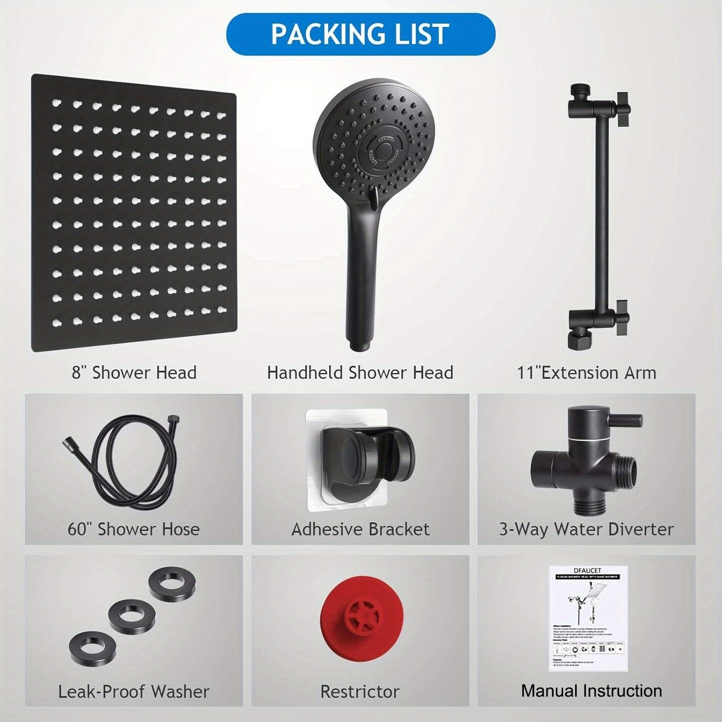 8 1/2" High Pressure Rainfall Shower Head/Handheld Shower Combo W/11" Extension Arm, 5 Settings