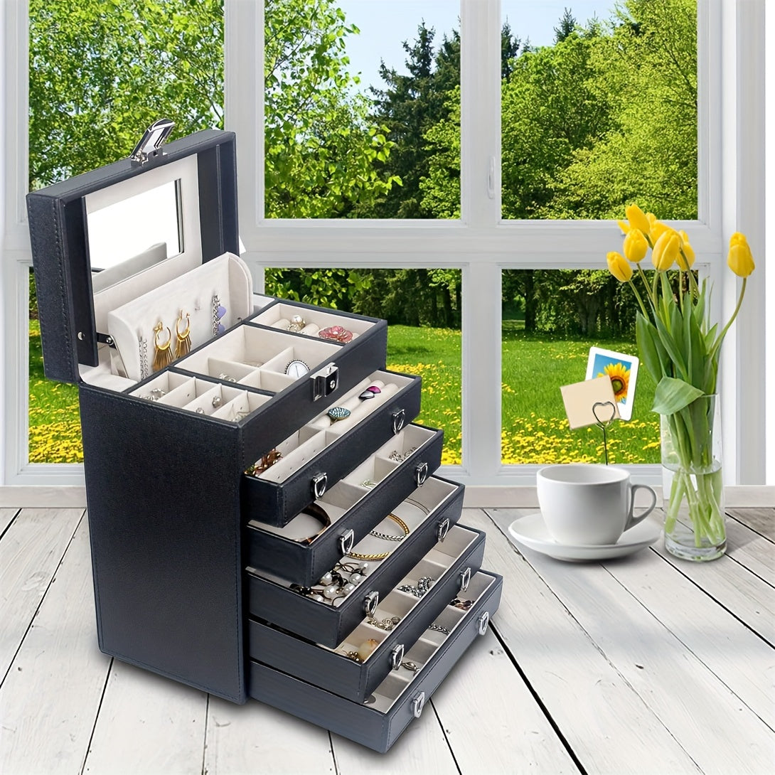 6-Layer Large Leather Jewelry Box for Women, Jewelry Organizer Box with Mirror LJC09BK