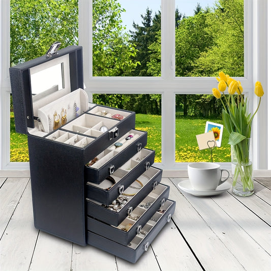 6-Layer Large Leather Jewelry Box for Women, Jewelry Organizer Box with Mirror LJC09BK