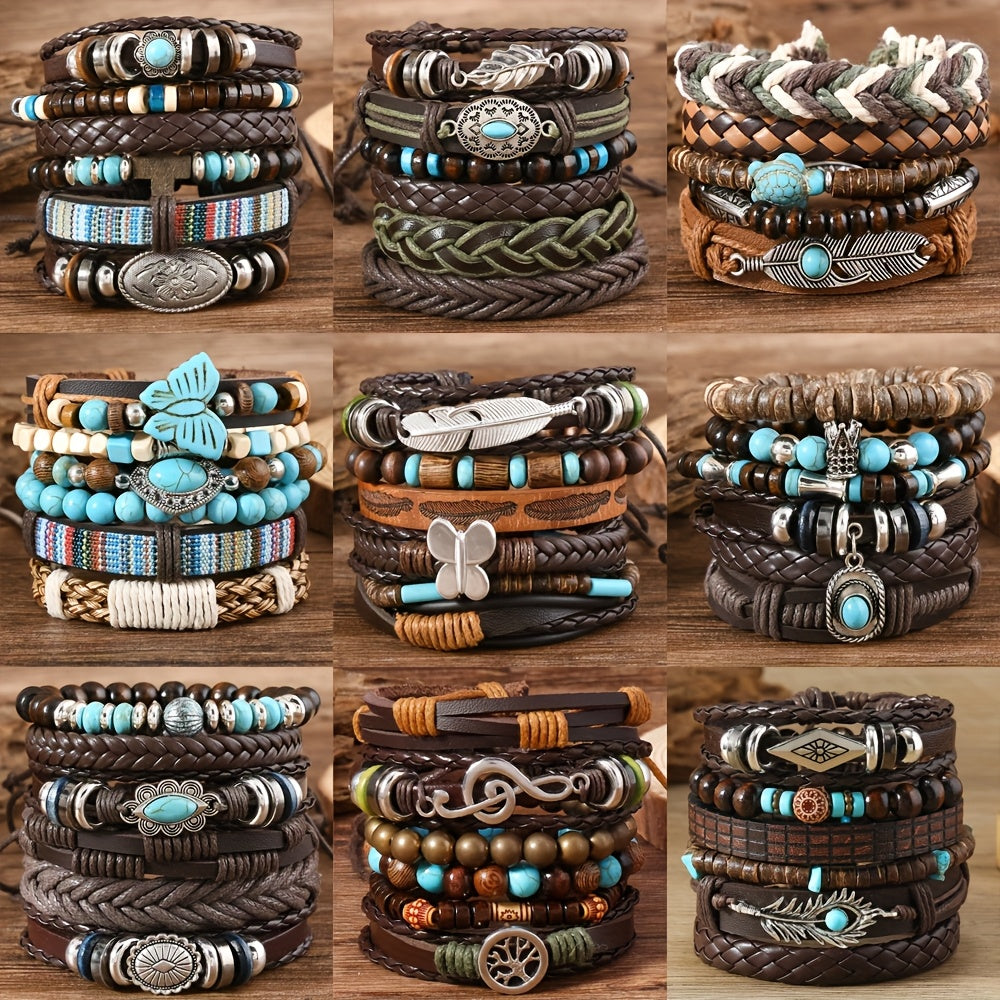 12/32/48pcs Bohemian Vintage Western Pu Leather & Turquoise Beaded Bracelet Set, Faux Leather Bangle