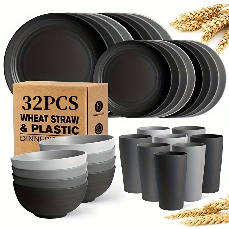 Unbreakable Plates, Bowls & Cups/Wheat Straw Tableware Set/4/16/32pcs Dishwasher Safe, Lightweight
