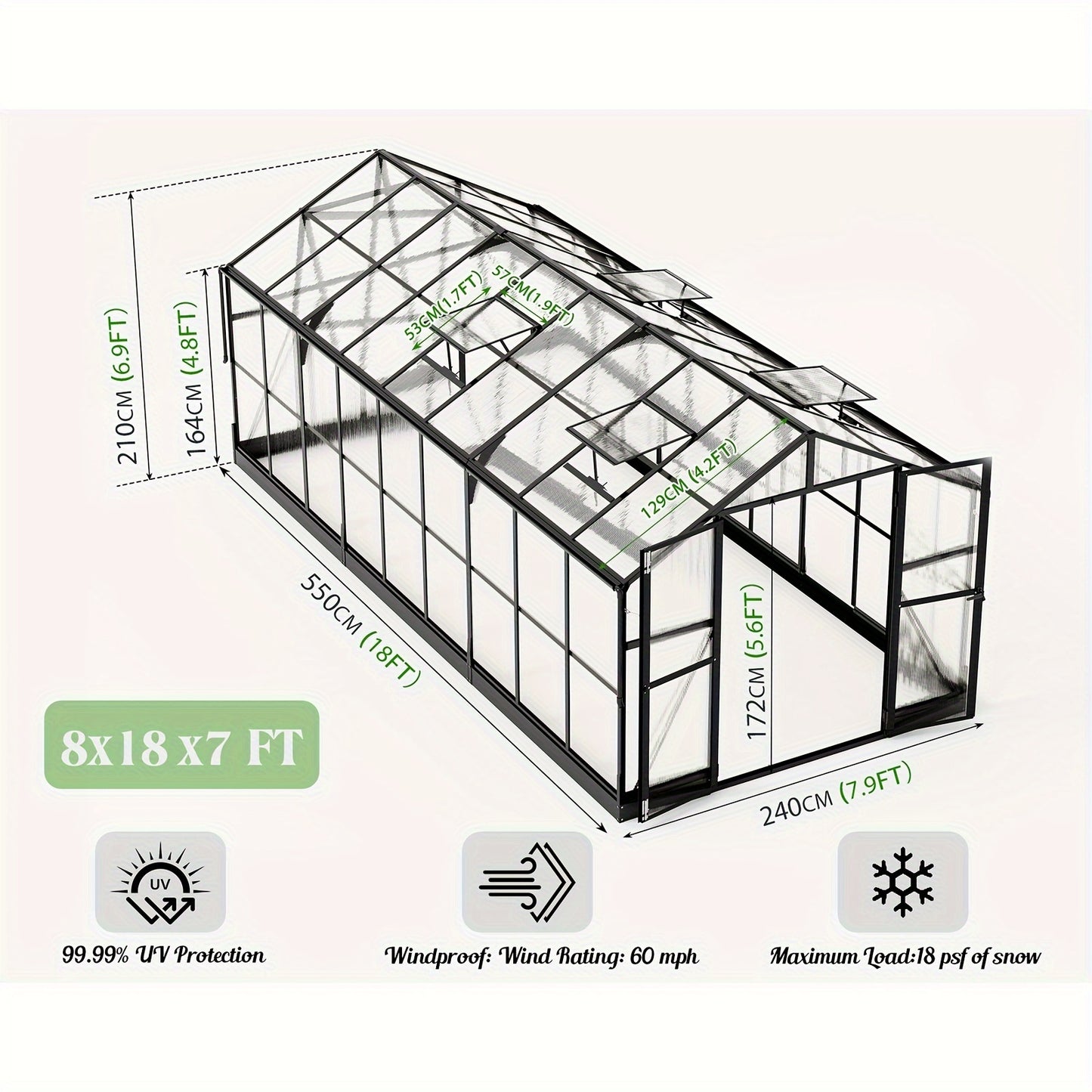 Premium 8x18FT Polycarbonate Greenhouse/Quick-Connect, Aluminum Construction/2 Swing Doors