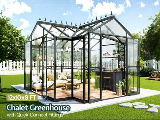 12x10x8 FT Chalet Greenhouse With Quick-Connect Fittings, Greenhouses With 2 Vents