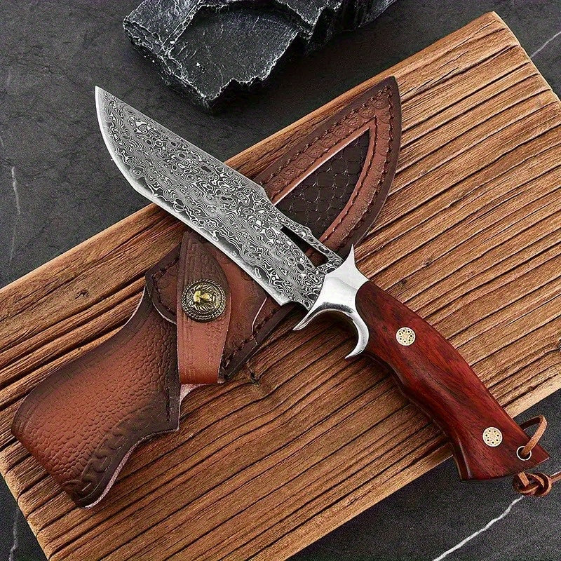1pc Hand-Forged Damascus Fixed Blade | Wooden Handle, Leather Sheath, Flat Edge, 13" Blade, 15"