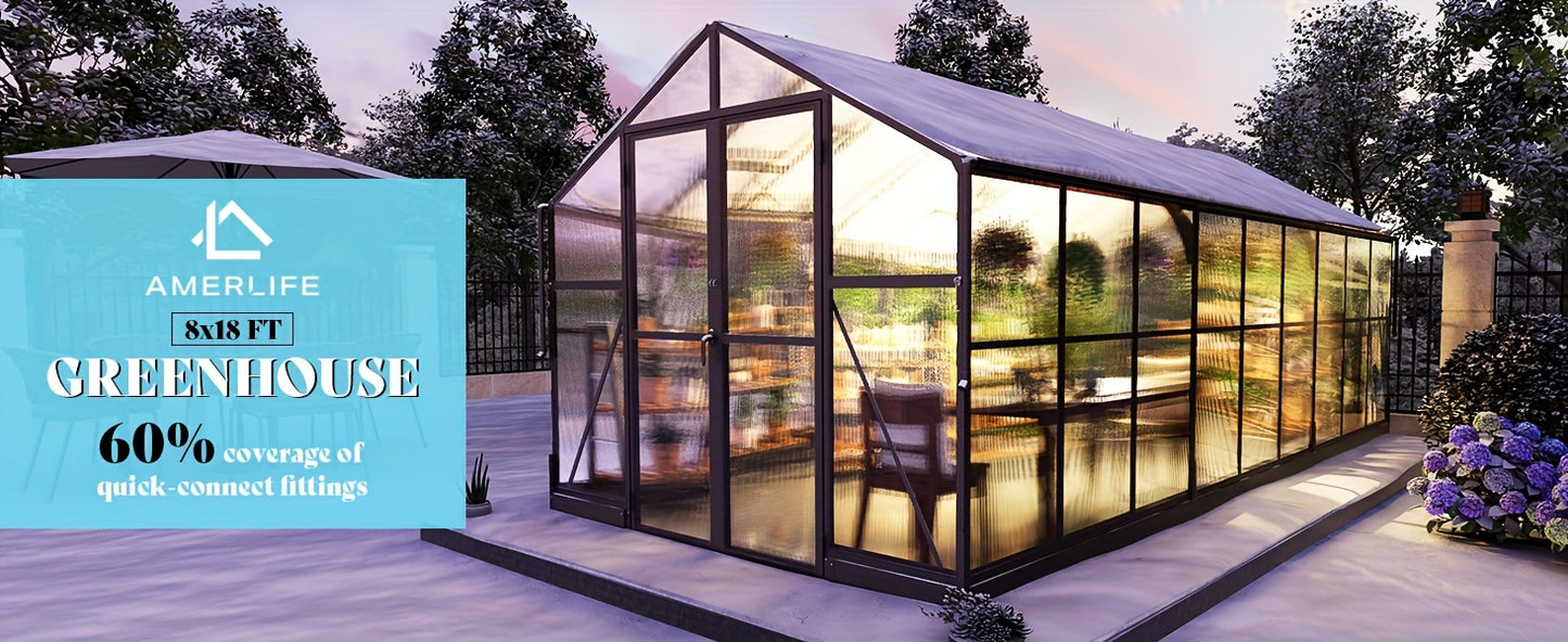 AMERLIFE Grandiose Polycarbonate Greenhouse - Quick-Connect System, Spacious Walk-In Design, 4 Vents