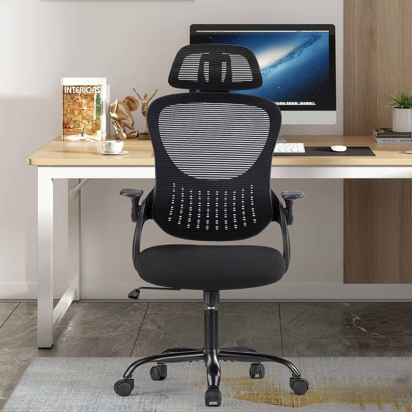Executive Comfort High-Back Mesh Office Chair - Ergonomic Lumbar Support, Headrest, Flip-up Arms