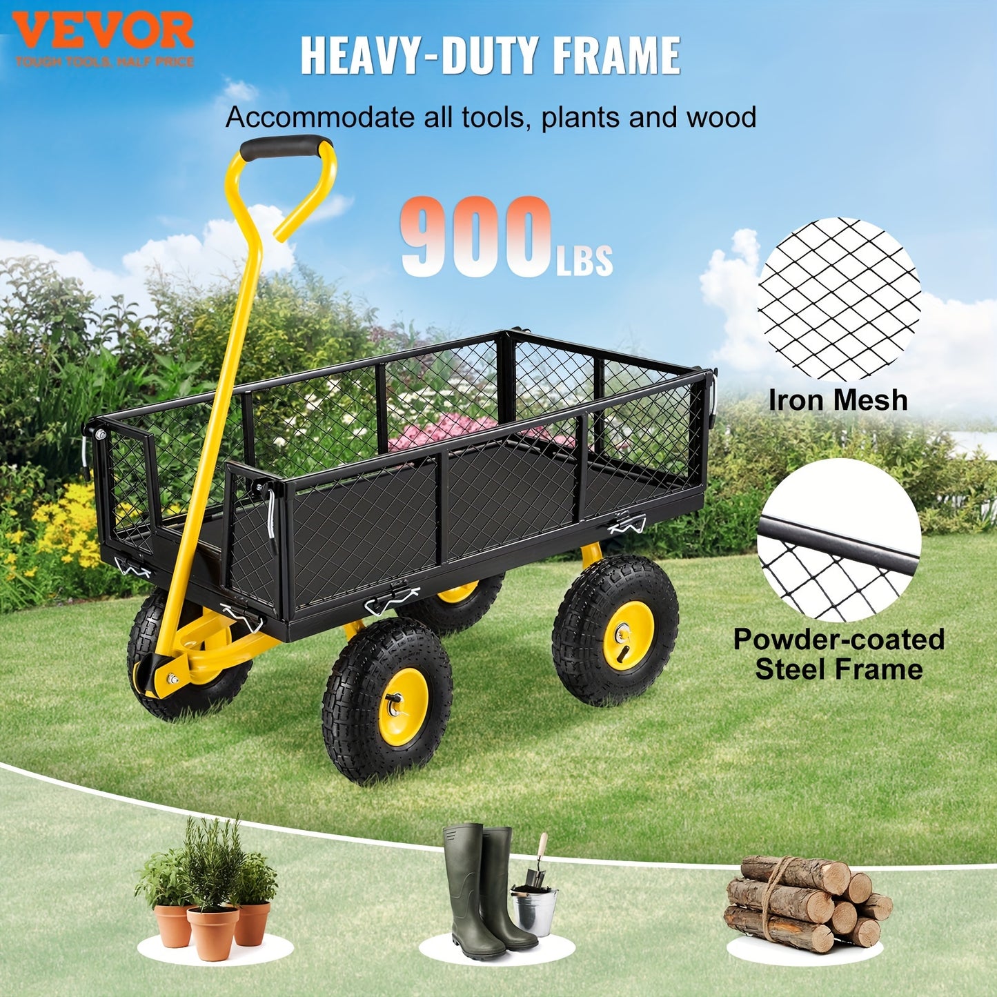 VEVOR Steel Garden Cart, Heavy Duty 900 lbs Capacity, w/Mesh Sides Utility Metal Wagon/10"Tires