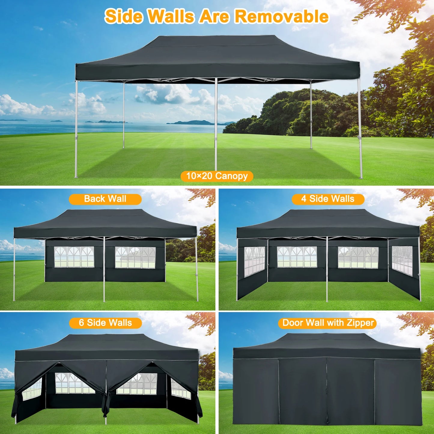 HOTEEL 10x20FT Pop up Canopy Tent, Heavy Duty Easy Setup Tent with 6 Sidewalls for Wedding