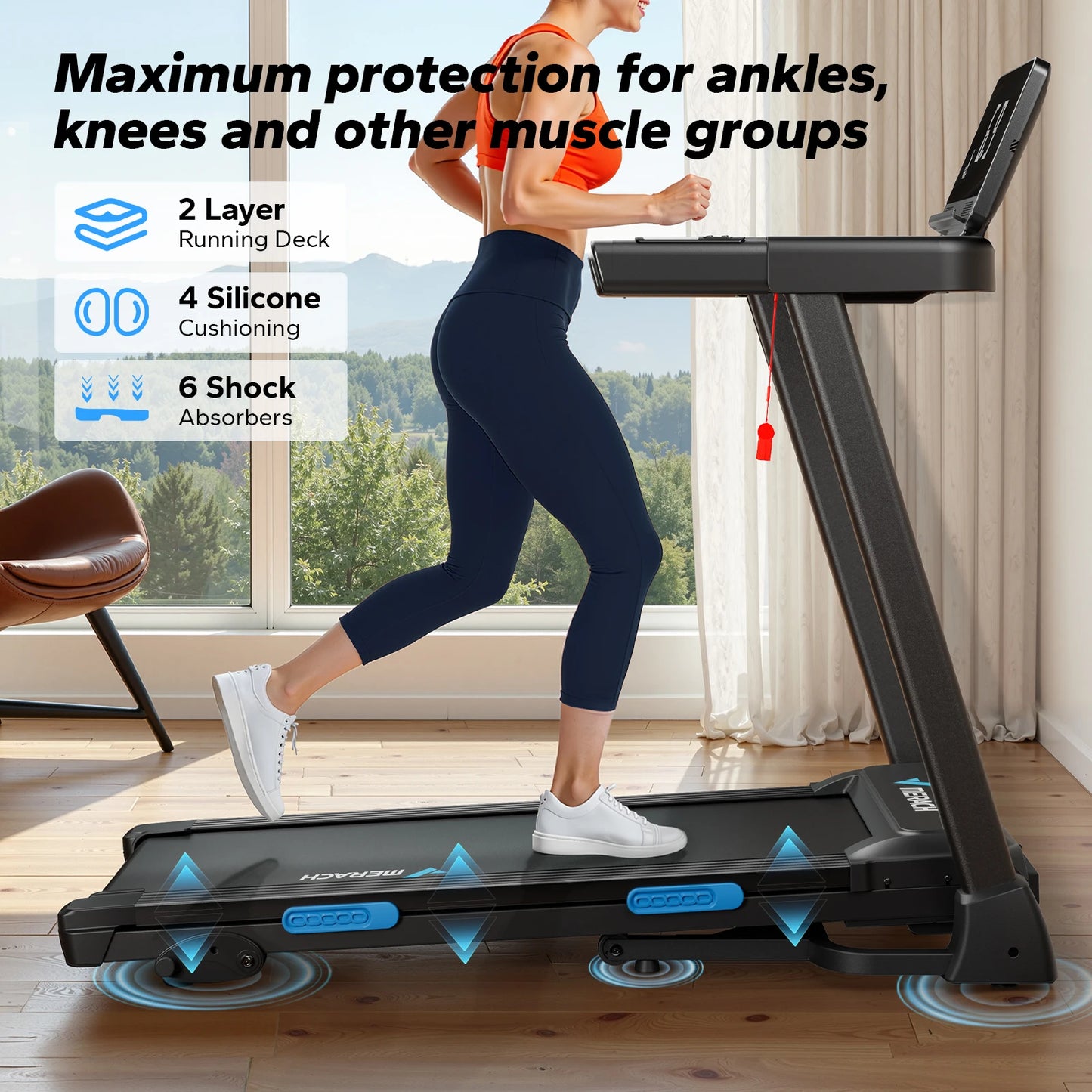 MERACH Foldable Treadmill T12 Incline Quiet Double Deck Technology 4 Silicone Shock Cushion