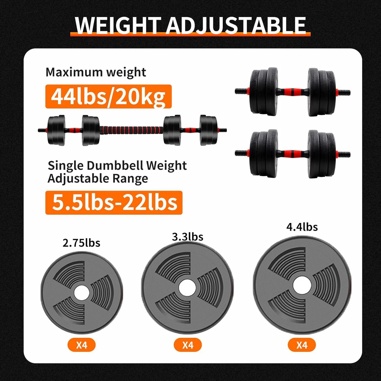 5-44lbs Adjustable Dumbbell to Barbell Set, Anti-Slip Grip, Versatile Fitness/Barbell Weight Plates