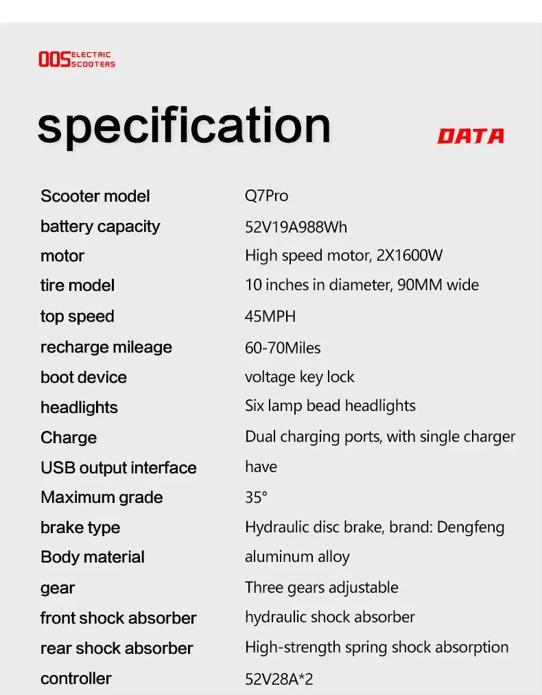 Boyueda Q7Pro E-Scooter 3200W Dual Motor 52V19ah Battery Shock-absorbing Electric Scooter 10*3.5