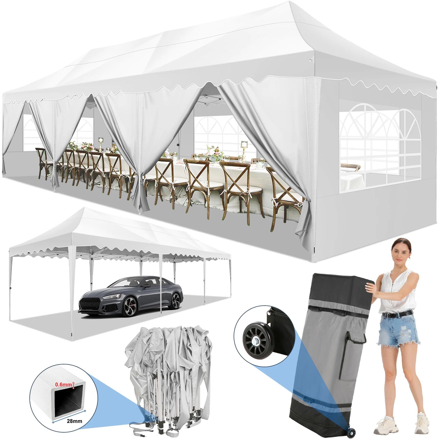 10x30ft Event Canopy with Removable Walls, Premium Pop Up Tent with Reinforced Frame & 2000mm