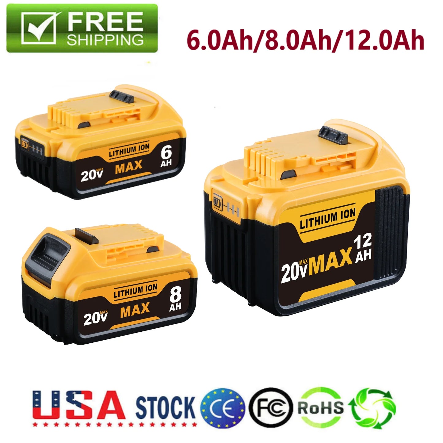 Vanon DCB205 6.0Ah 8.0Ah 12.0Ah 20V Lithium Ion Battery DeWalt DCB200 DCB206-2