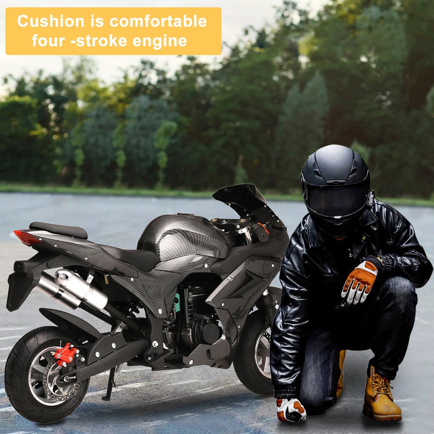 4-Stroke 49cc Mini Motorcycle Gas Pocket Motorbike Front Rear Disc Brakes Racing Max Speed 25MPH