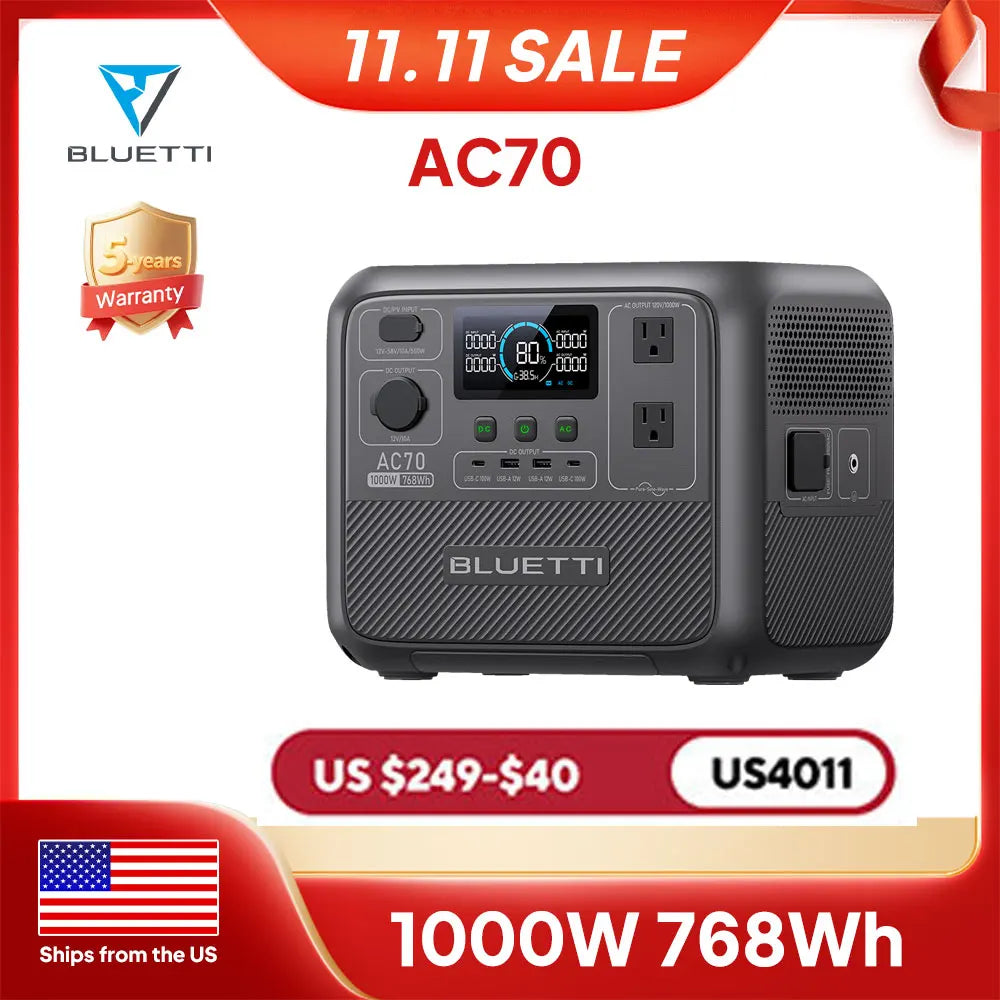 【US PLUG】BLUETTI AC70 Portable Power Station | 1000W 768Wh, Generator Off-grid, Power Outage