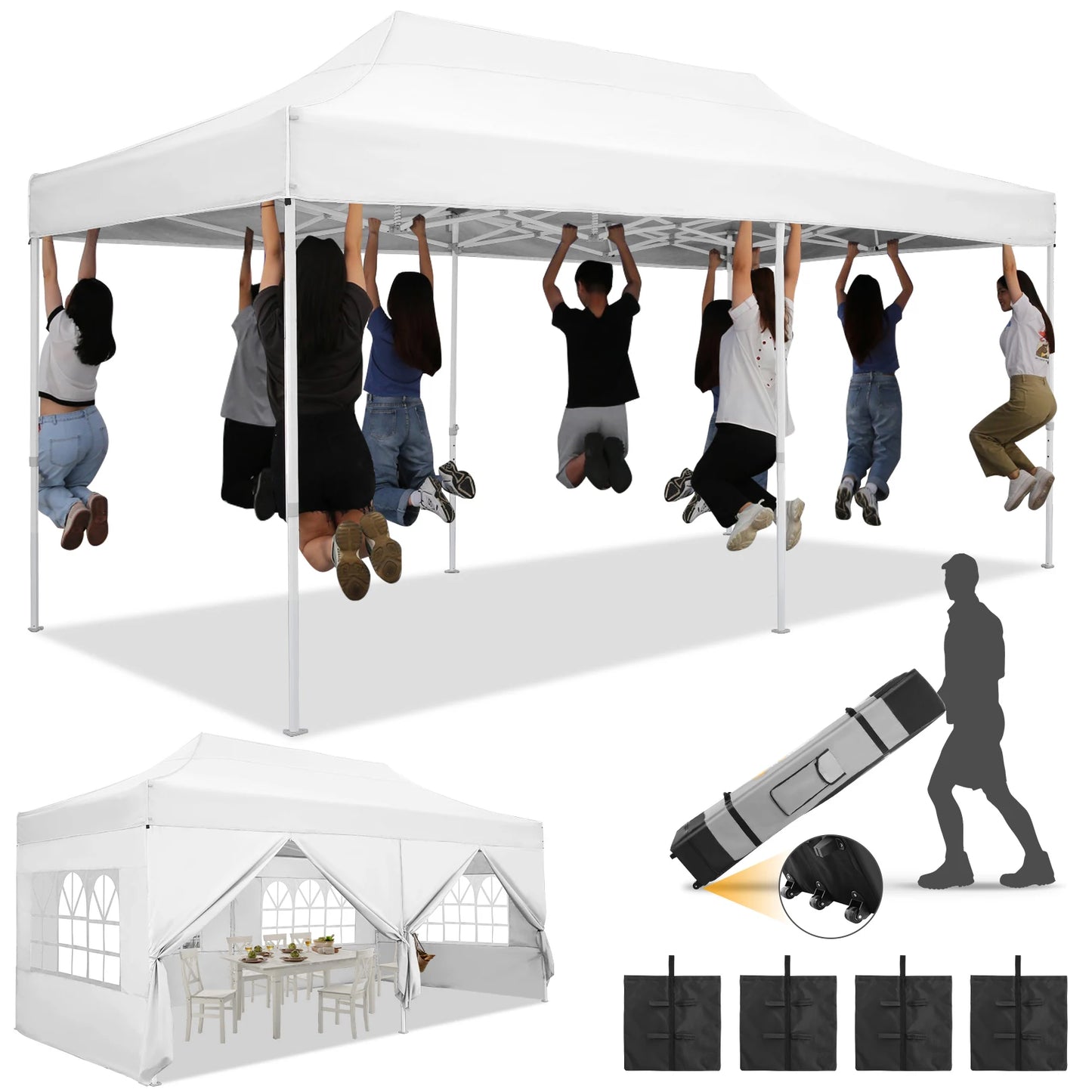 HOTEEL 10x20FT Pop up Canopy Tent, Heavy Duty Easy Setup Tent with 6 Sidewalls for Wedding