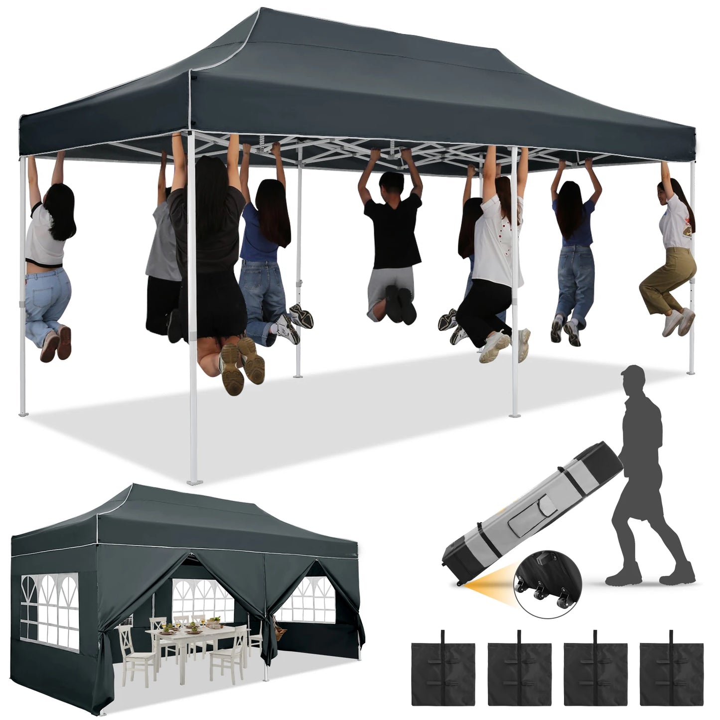 HOTEEL 10x20FT Pop up Canopy Tent, Heavy Duty Easy Setup Tent with 6 Sidewalls for Wedding
