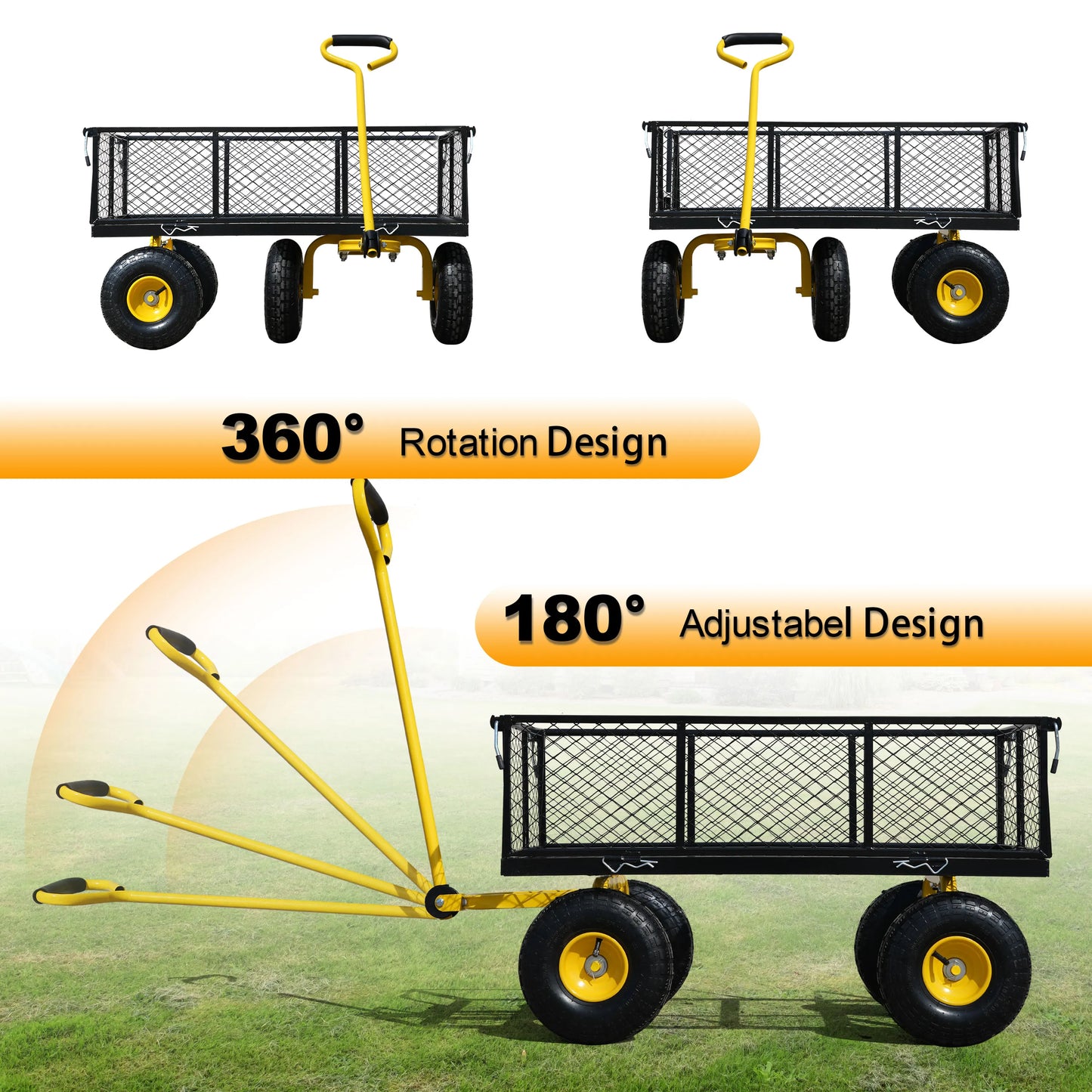 Steel garden cart w/500 lb capacity, removable steel mesh sides, flatbed/180-degree swivel handle