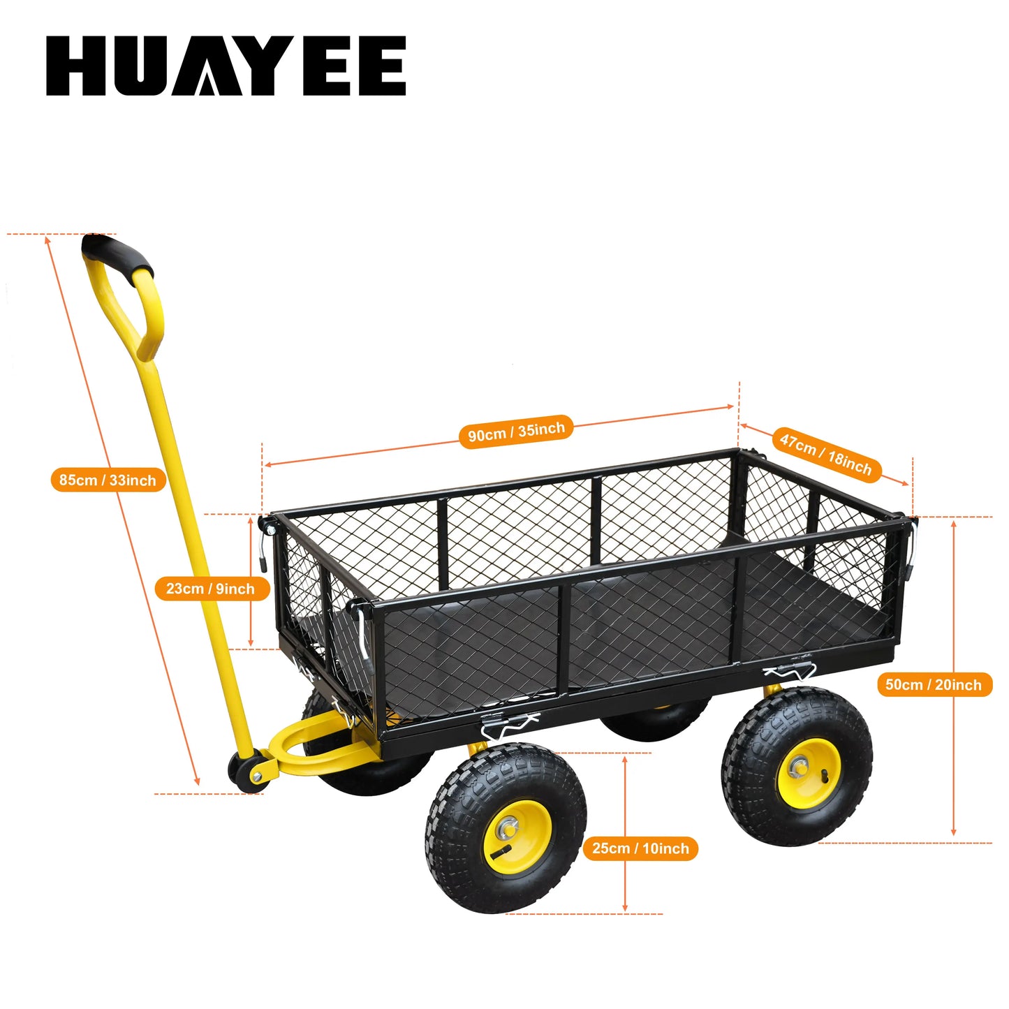Steel garden cart w/500 lb capacity, removable steel mesh sides, flatbed/180-degree swivel handle