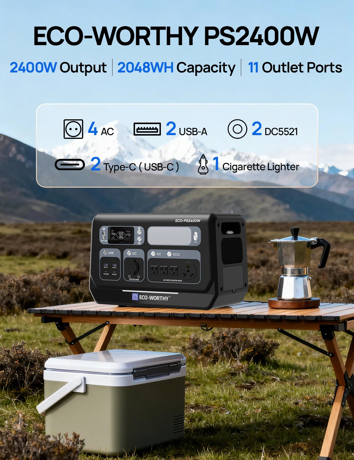 ECO-WORTHY PS 2400W Power Station 2048Wh LiFePO4 Battery, Solar Generator w/10 Outlets (4800W Peak)