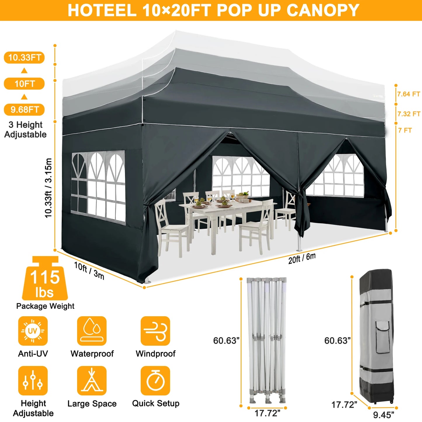 HOTEEL 10x20FT Pop up Canopy Tent, Heavy Duty Easy Setup Tent with 6 Sidewalls for Wedding