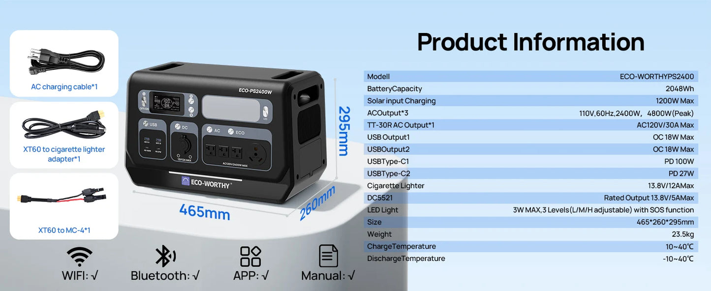 ECO-WORTHY PS 2400W Power Station 2048Wh LiFePO4 Battery, Solar Generator w/10 Outlets (4800W Peak)