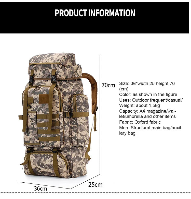 Molle Backpack 80L Tactical Backpack 600D Oxford Cloth Waterproof Bag Outdoor Military Rucksacks