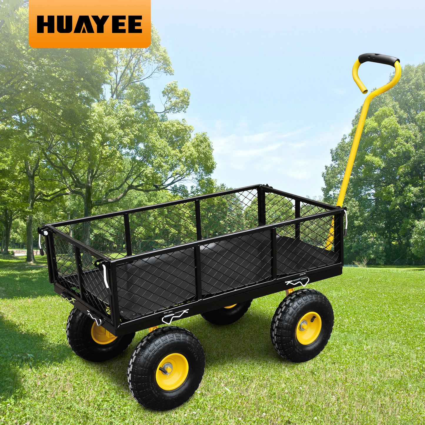Steel garden cart w/500 lb capacity, removable steel mesh sides, flatbed/180-degree swivel handle