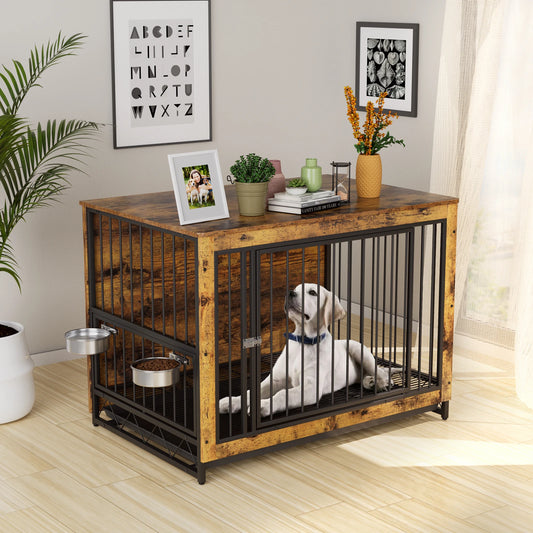 AOOU Furniture Style Dog Crate w/2 Bowls, Wooden End Table, Adjustable Feeder, Removable Tray