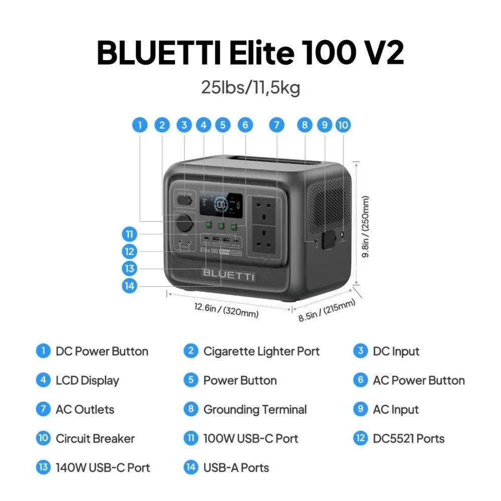 【Brand New】BLUETTI Elite 100 V2 Portable Power Station 1800W 1024Wh with Multiple Outputs
