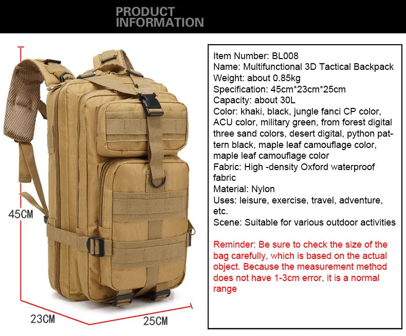 30L/50L Tactical Backpack Hiking Bag Waterproof Rucksacks Army Camping Trekking Hunting Bag