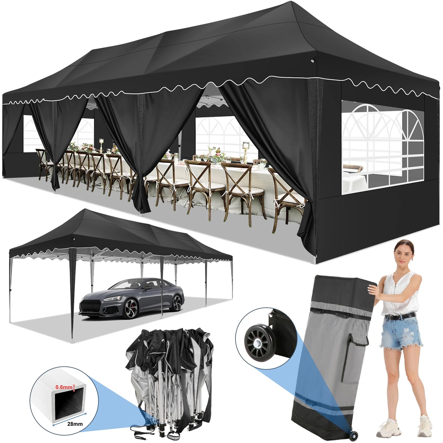10x30ft Event Canopy with Removable Walls, Premium Pop Up Tent with Reinforced Frame & 2000mm
