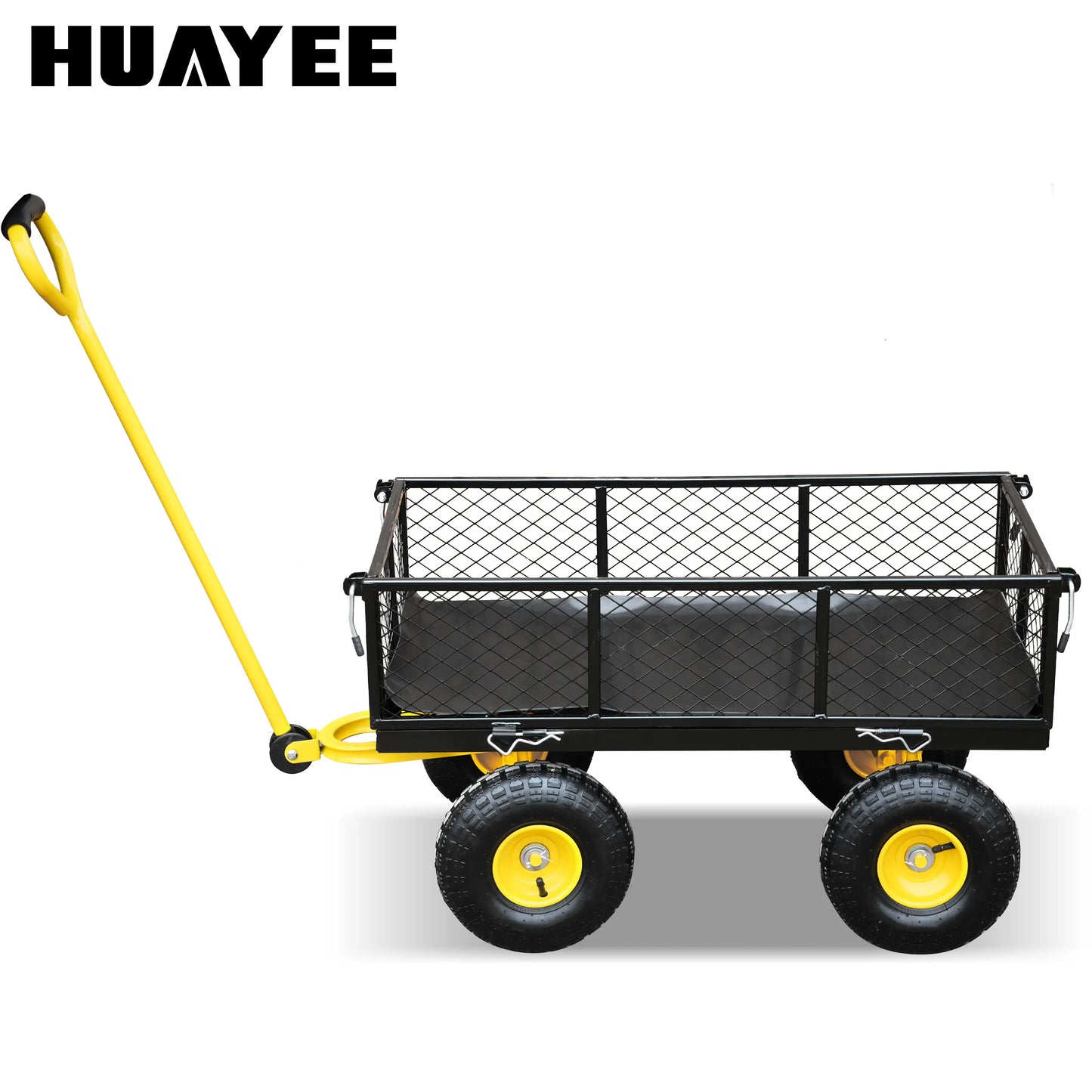Steel garden cart w/500 lb capacity, removable steel mesh sides, flatbed/180-degree swivel handle