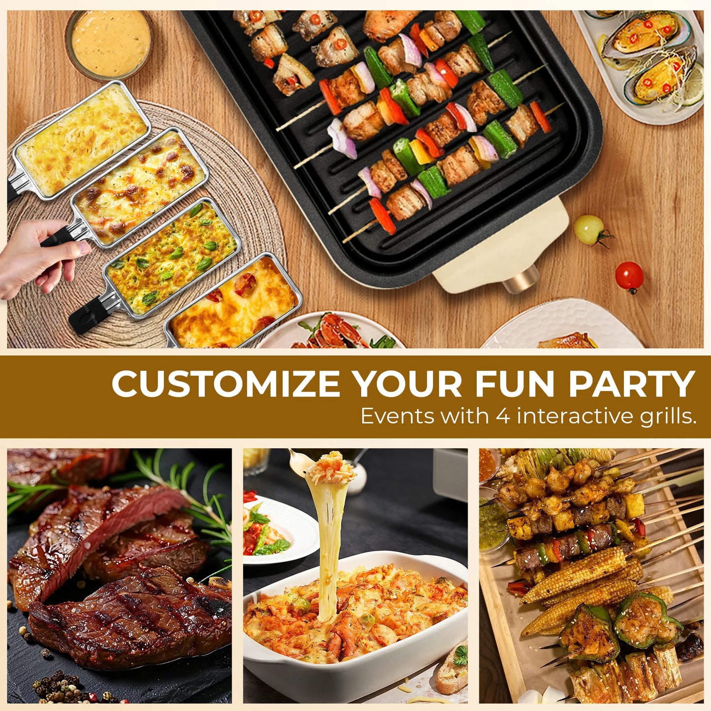 Electric BBQ Grill Indoor Cheese Raclette For 4 Person Non-Stick Surface Temperature Control