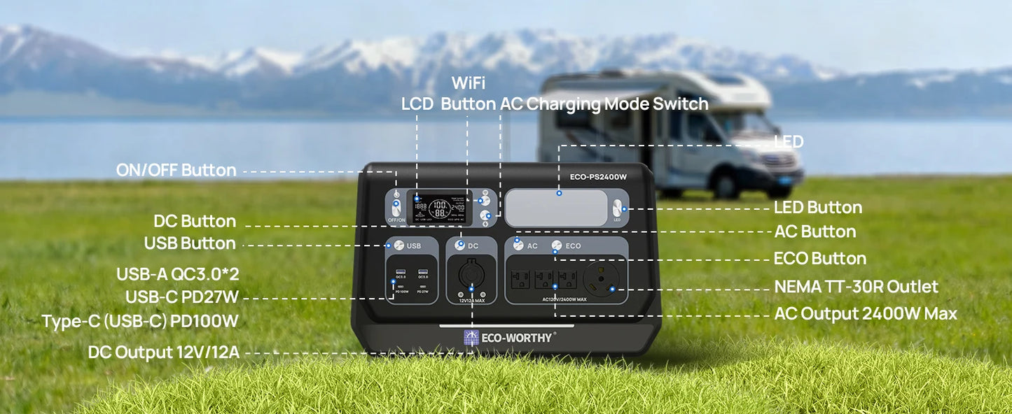 ECO-WORTHY PS 2400W Power Station 2048Wh LiFePO4 Battery, Solar Generator w/10 Outlets (4800W Peak)