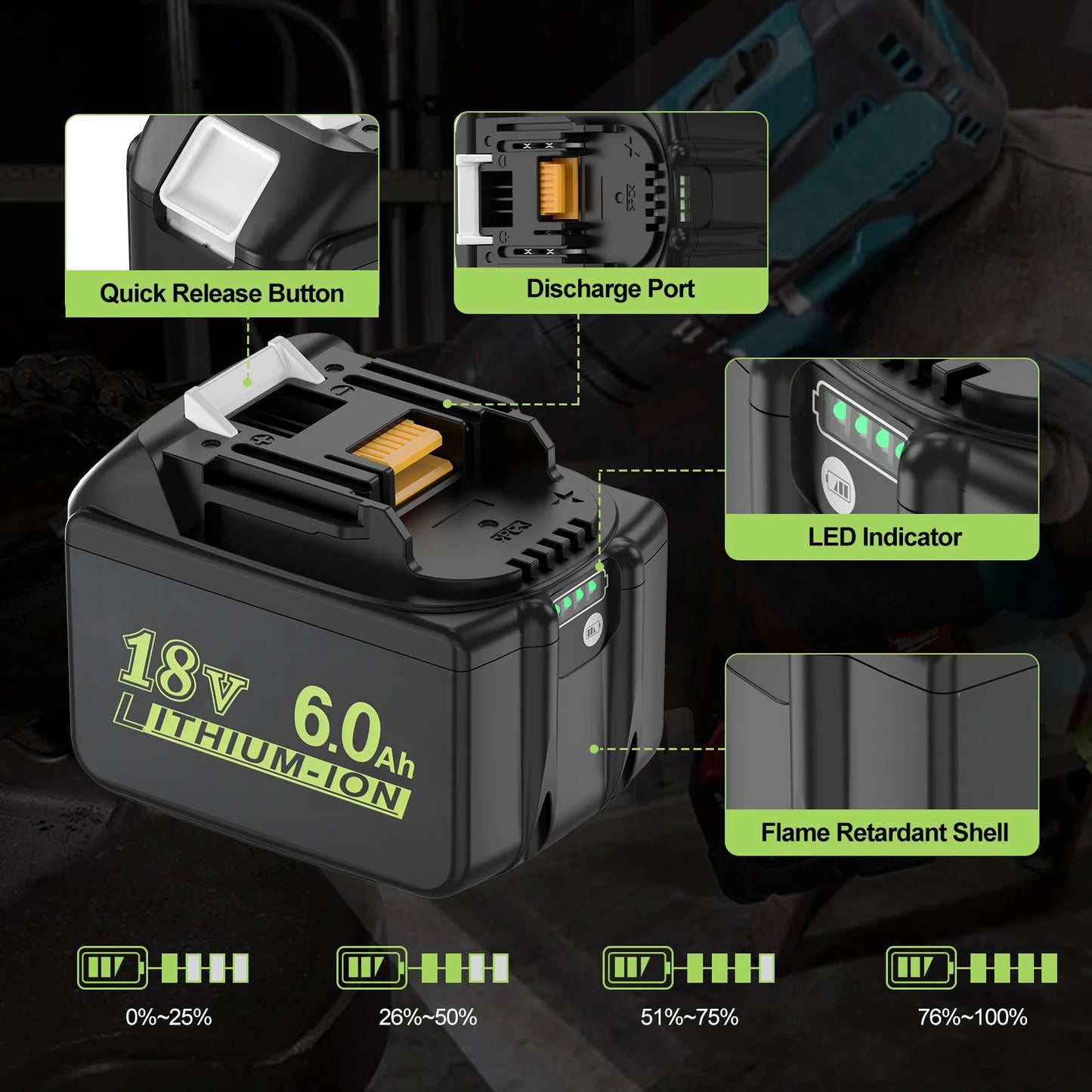 Dreamdash/Makita 18V Battery 6Ah Rechargeable Power Tools Battery 18V LED Li-ion BL1860B BL1830