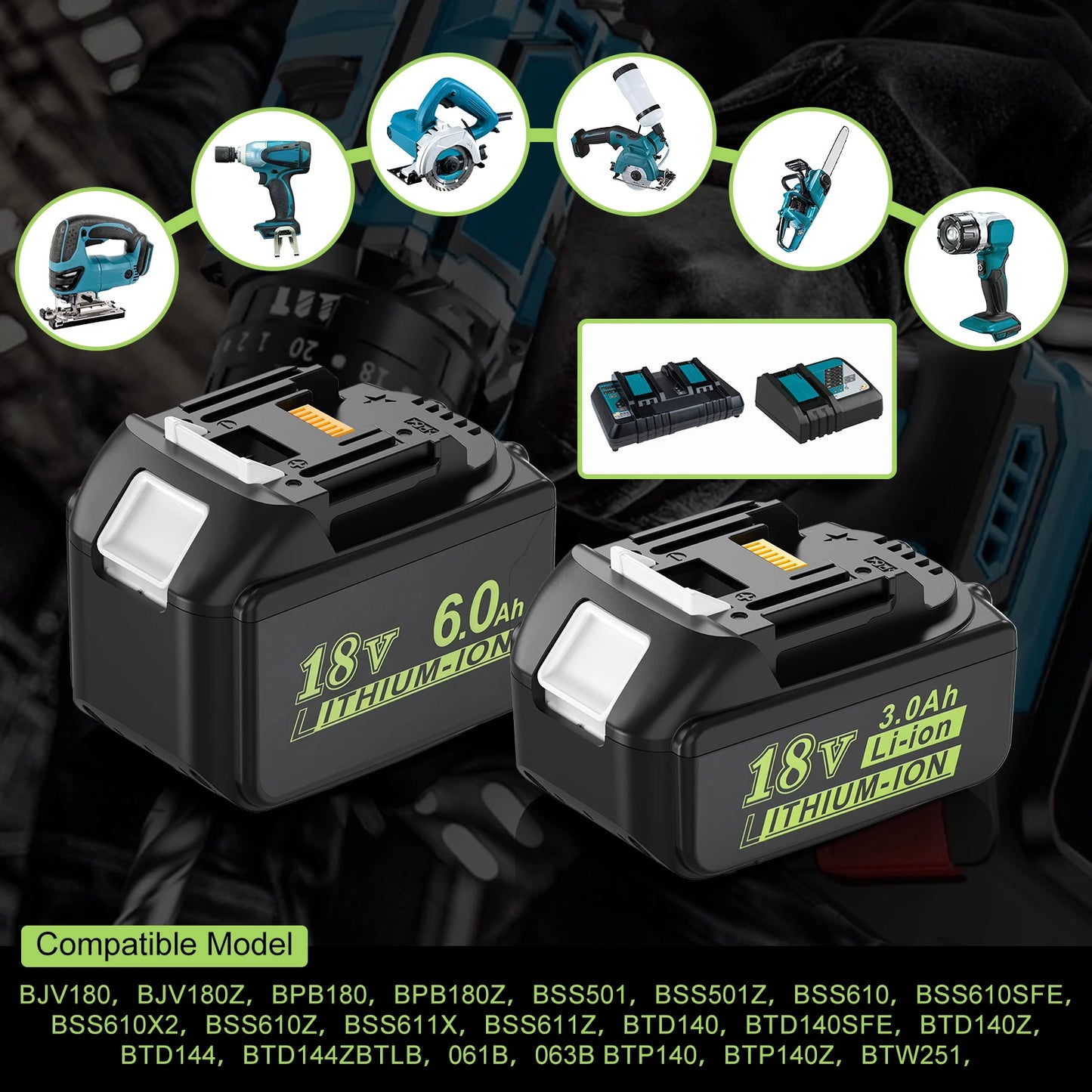 Dreamdash/Makita 18V Battery 6Ah Rechargeable Power Tools Battery 18V LED Li-ion BL1860B BL1830