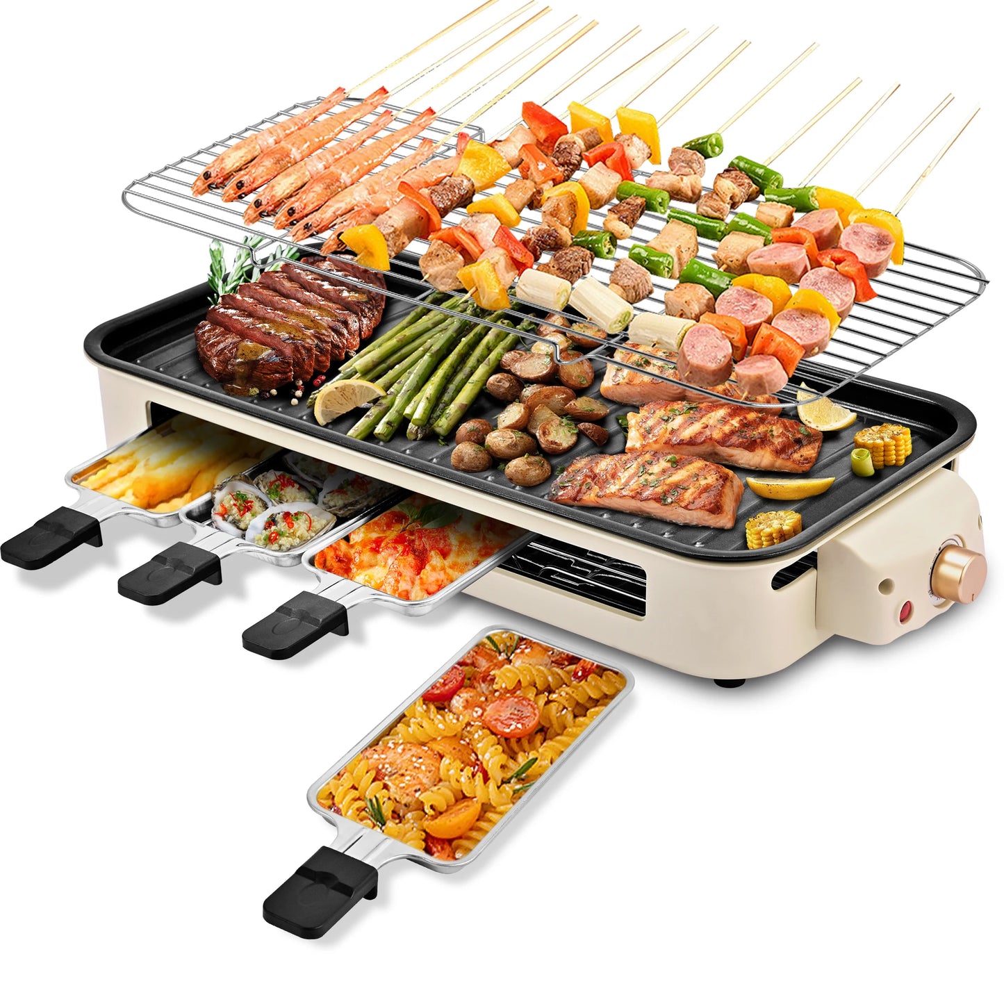 Electric BBQ Grill Indoor Cheese Raclette For 4 Person Non-Stick Surface Temperature Control