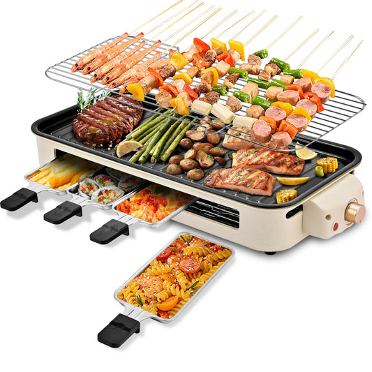 Electric BBQ Grill Indoor Cheese Raclette For 4 Person Non-Stick Surface Temperature Control