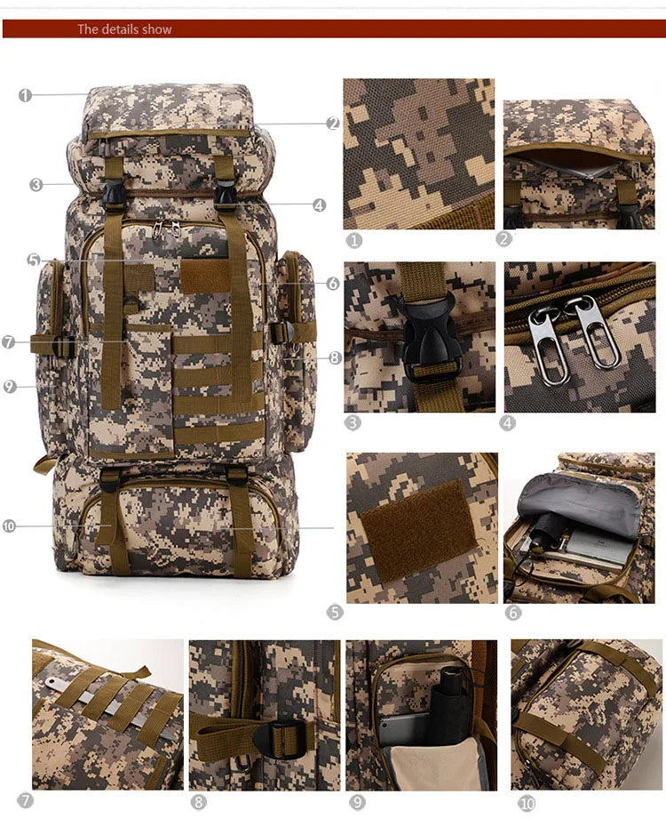 Molle Backpack 80L Tactical Backpack 600D Oxford Cloth Waterproof Bag Outdoor Military Rucksacks