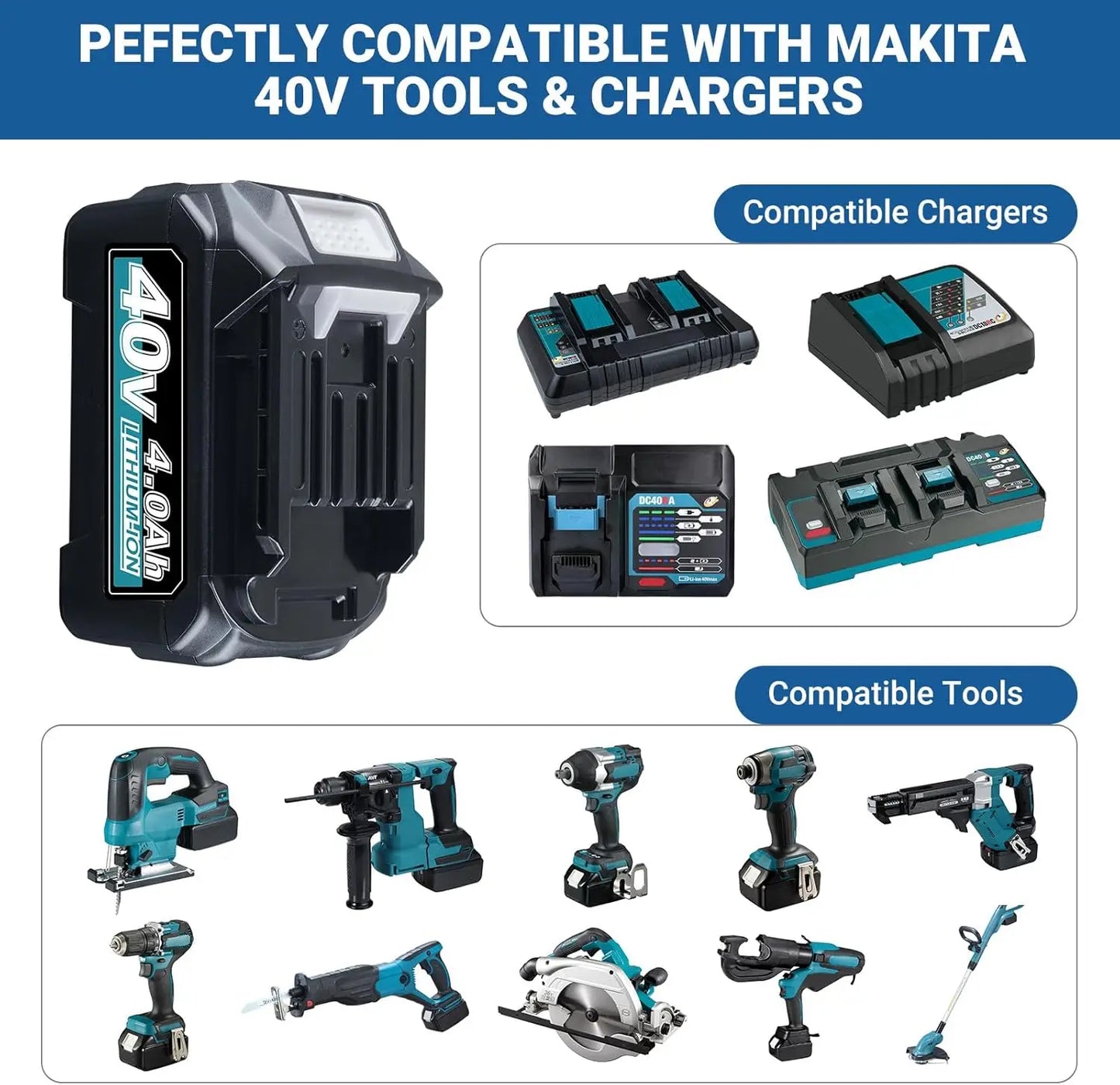 2Pcs BL4050 BL4040 4.0Ah 40V XGT Battery MAK40V Replacement /Makita BL4050F BL4025 40 Volt