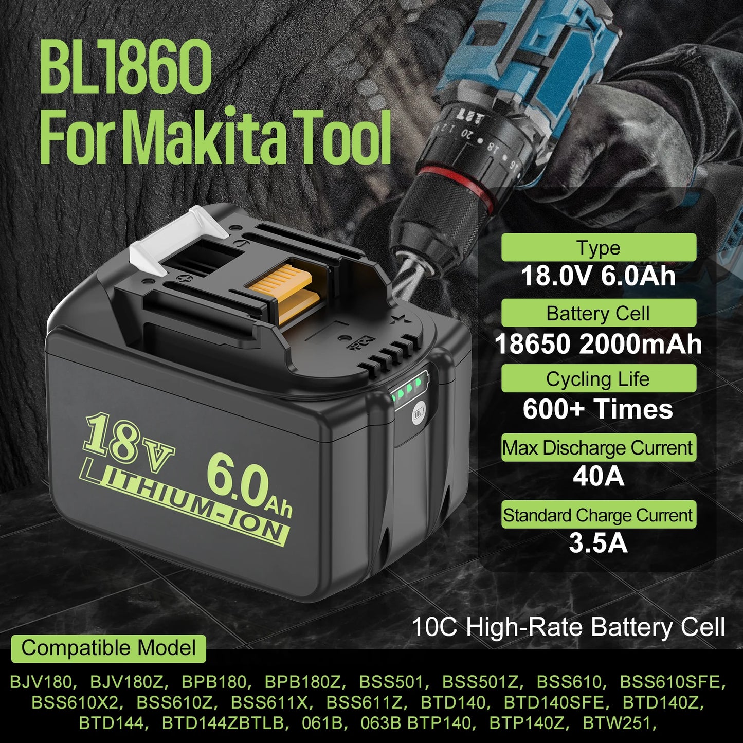 Dreamdash/Makita 18V Battery 6Ah Rechargeable Power Tools Battery 18V LED Li-ion BL1860B BL1830