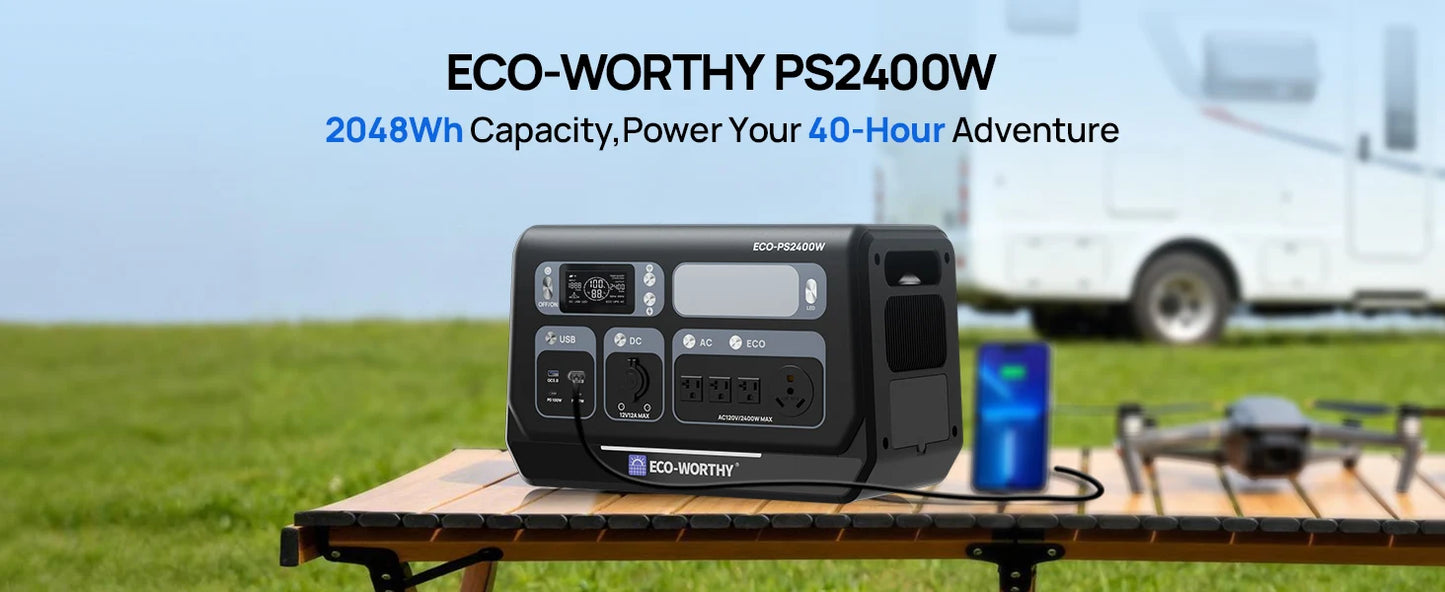 ECO-WORTHY PS 2400W Power Station 2048Wh LiFePO4 Battery, Solar Generator w/10 Outlets (4800W Peak)
