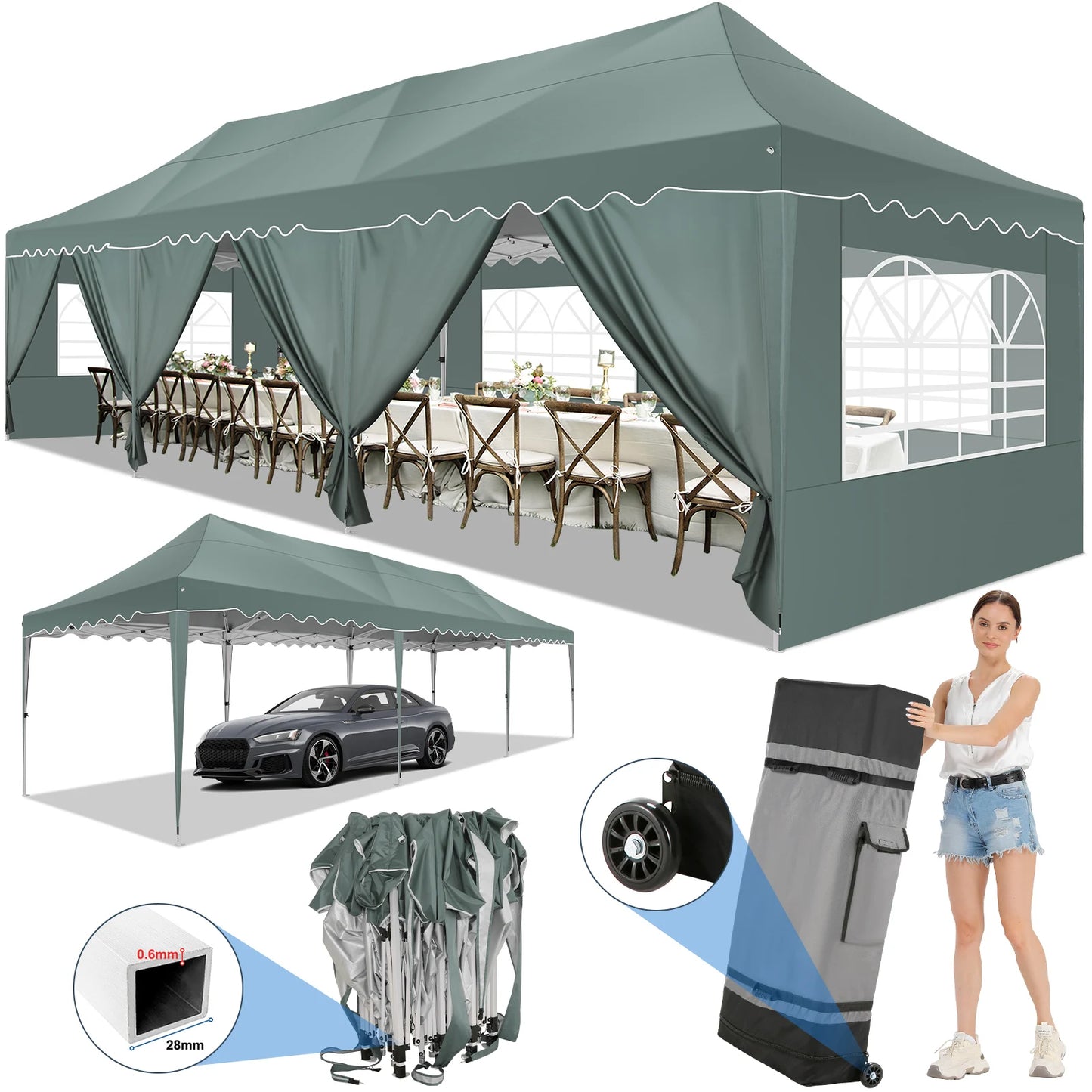 10x30ft Event Canopy with Removable Walls, Premium Pop Up Tent with Reinforced Frame & 2000mm