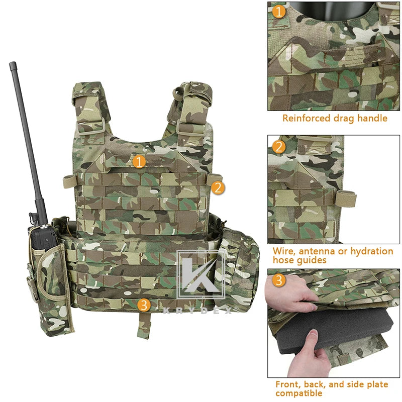 KRYDEX Tactical Body Armor Combat Vest Plate Carrier With Magazine Pouch Protective Waterproof