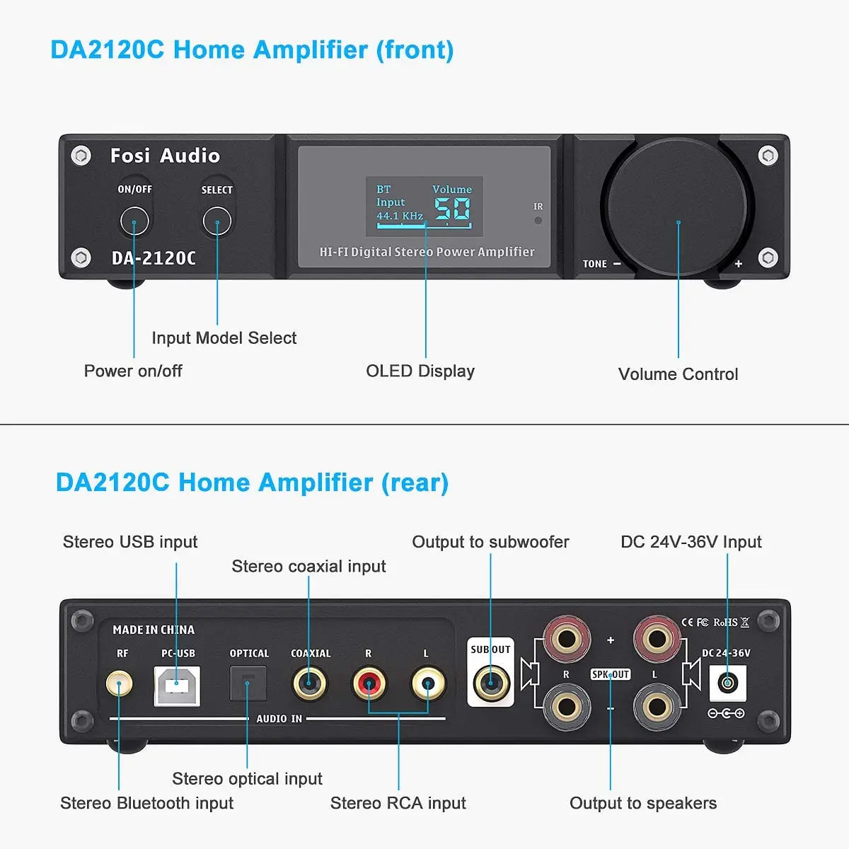 Fosi Audio DA2120C Bluetooth Amplifier 120W x2 Stereo HiFi 2.1 Channel Wireless Stream Class D