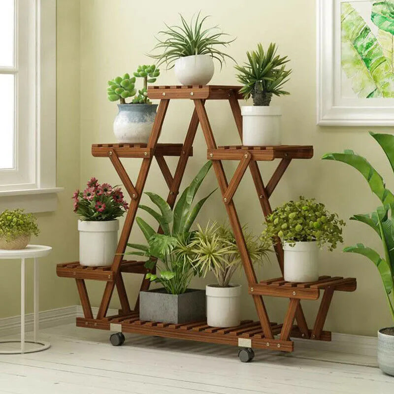 Triangular Plant Shelf 6 Potted Carbonized Wood Plant Holder Flower Pot Stand Display w/ wheels