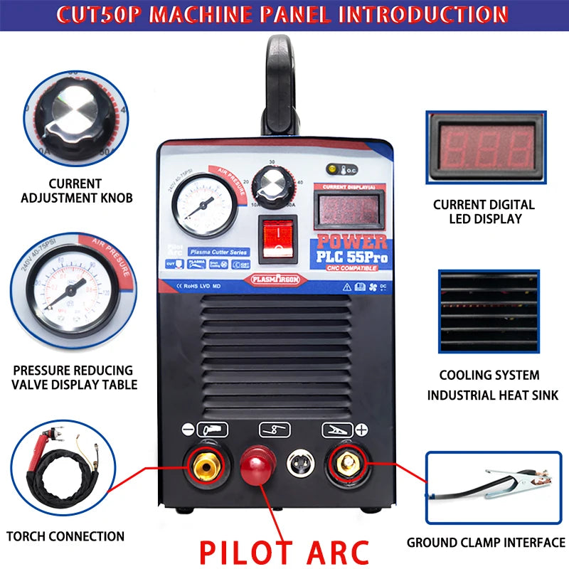 CUT55P Plasma Cutter IGBT 110V/220V Inverter DC 55 Amp NON-Contact Cutting 1-14MM Metal Pilot Arc