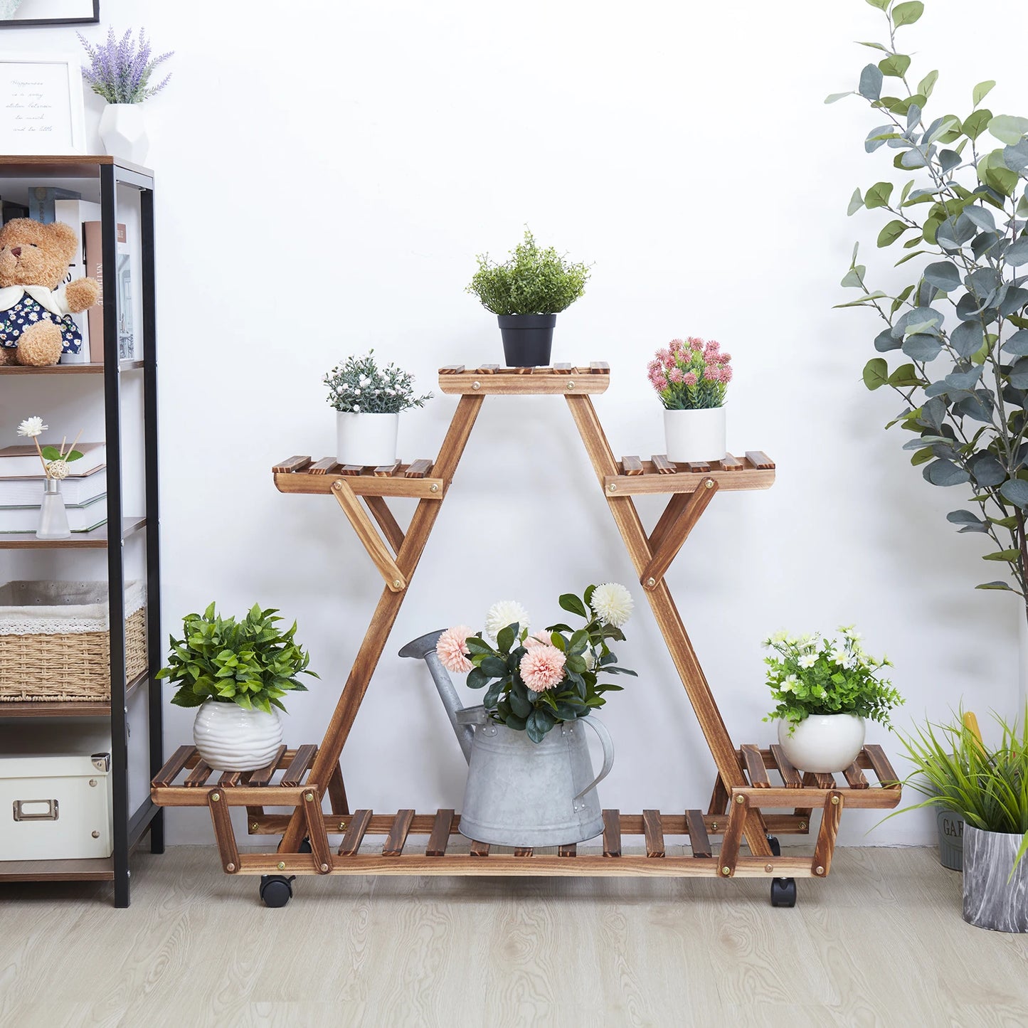 Triangular Plant Shelf 6 Potted Carbonized Wood Plant Holder Flower Pot Stand Display w/ wheels