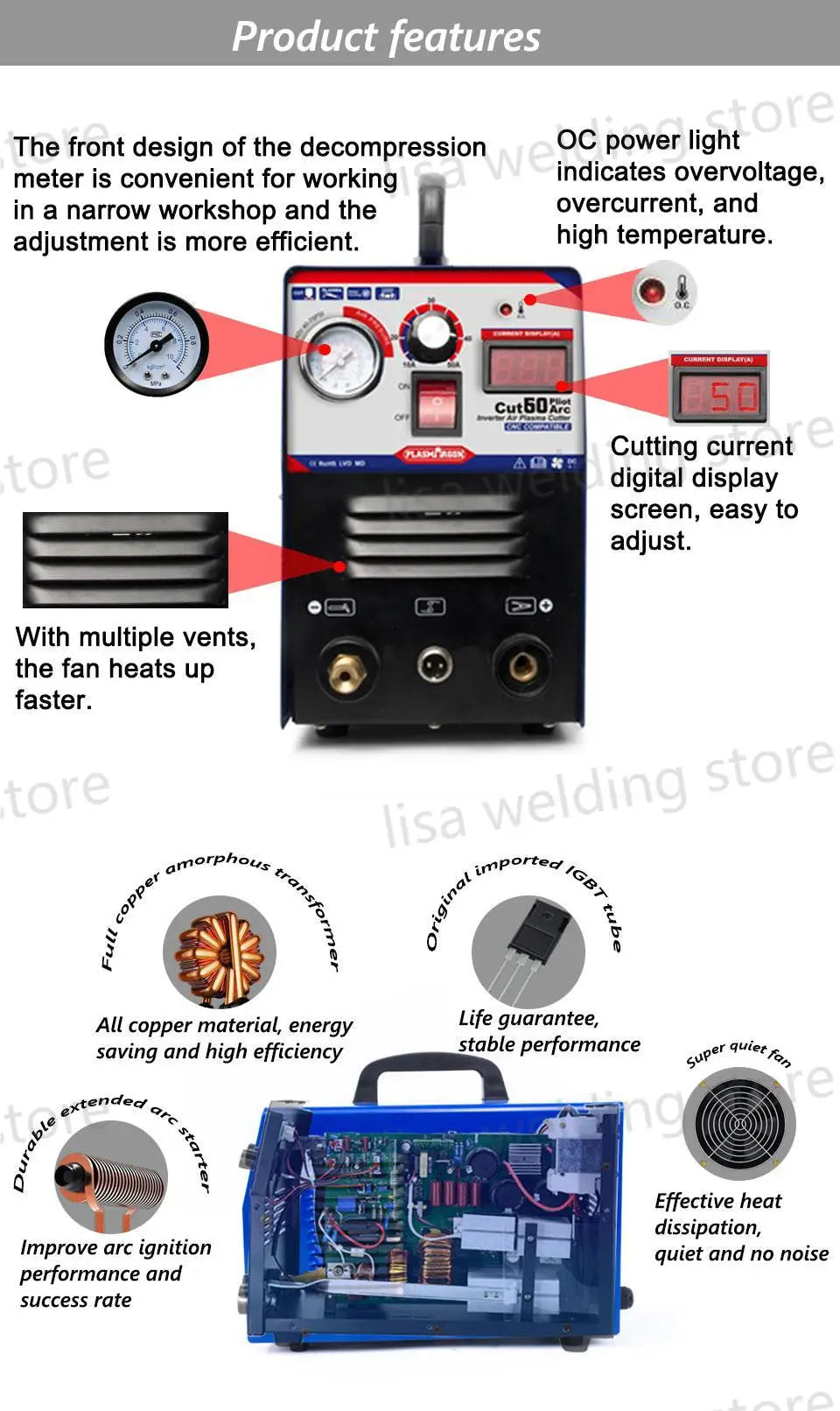 Plasma Cutter Cut60 60Amps HF IGBT Plasma Cutter Digital Control /Cutting Thickness 18mm